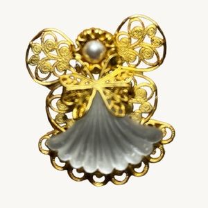 VINTAGE JANE ANGEL FILIGREE BROOCH  PIN 1998 GOLD TONE FROSTED GLASS FAUX PEARL